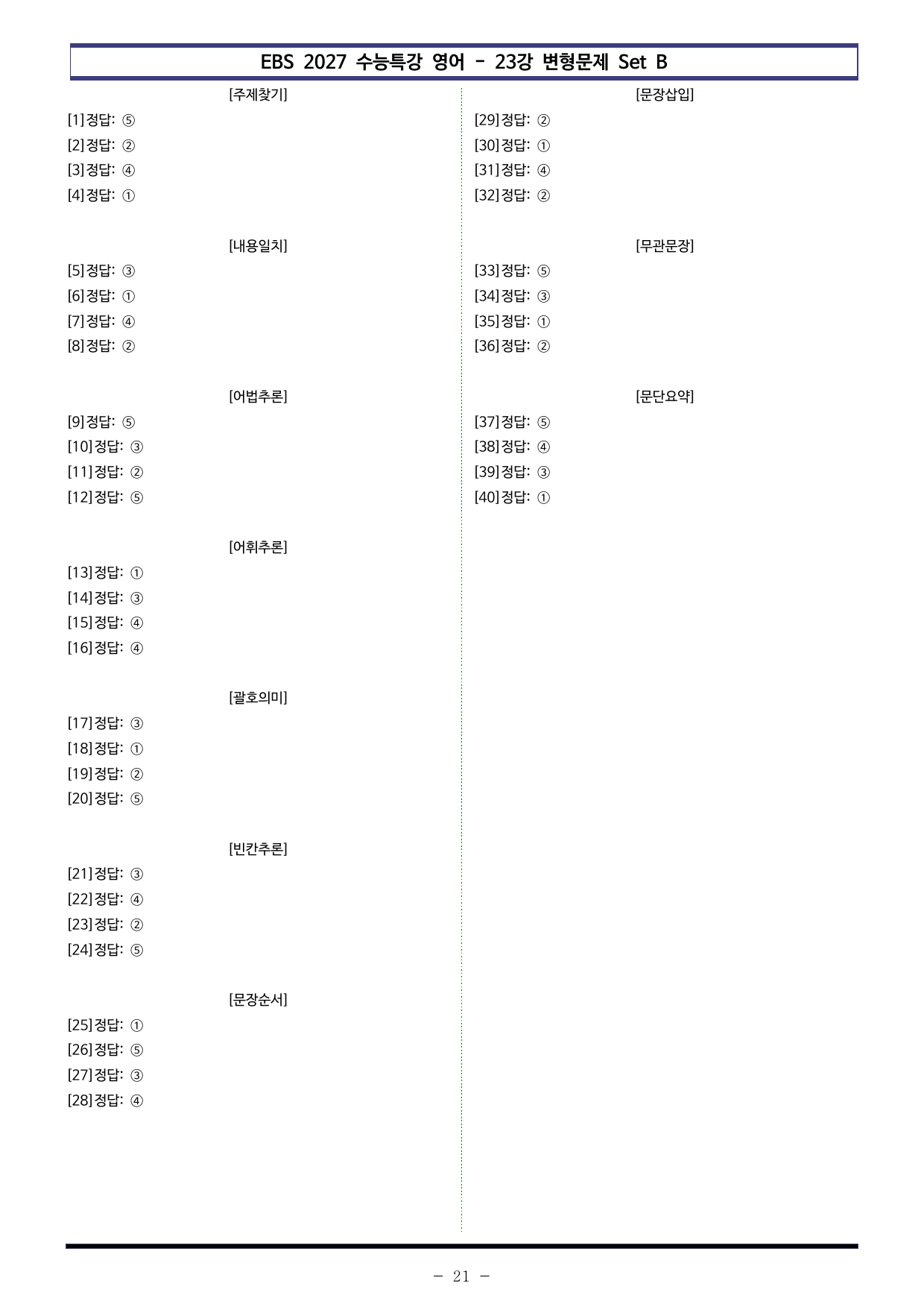 EBS 수능특강 영어(2027) - 23강 변형문제 Set B (40제)_preview_undefined