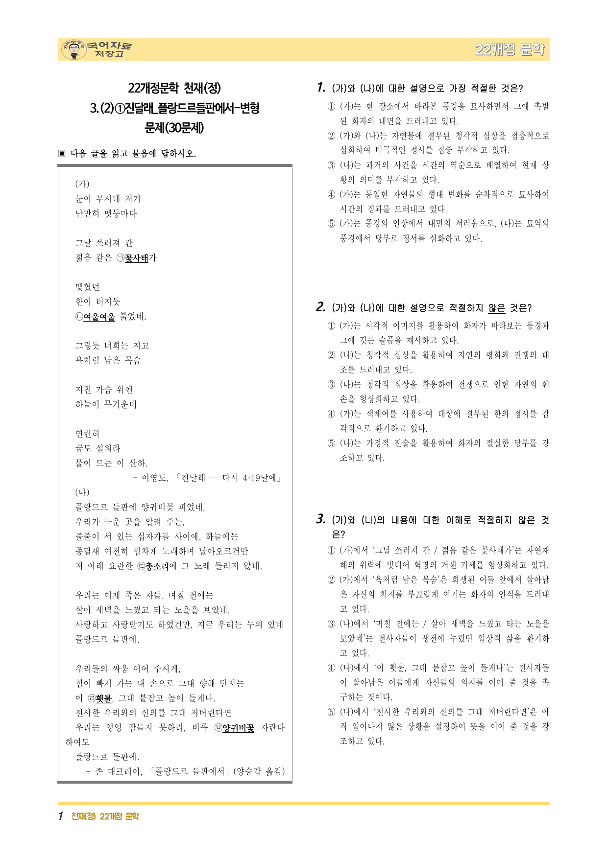 22개정문학 천재(정) 3.(2)①진달래_플랑드르들판에서-변형 문제_preview_undefined