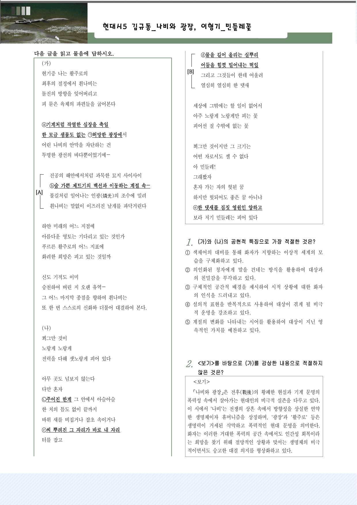 적용학습_현대시5 김규동_나비와 광장, 이형기_민들레꽃 25제_preview_undefined