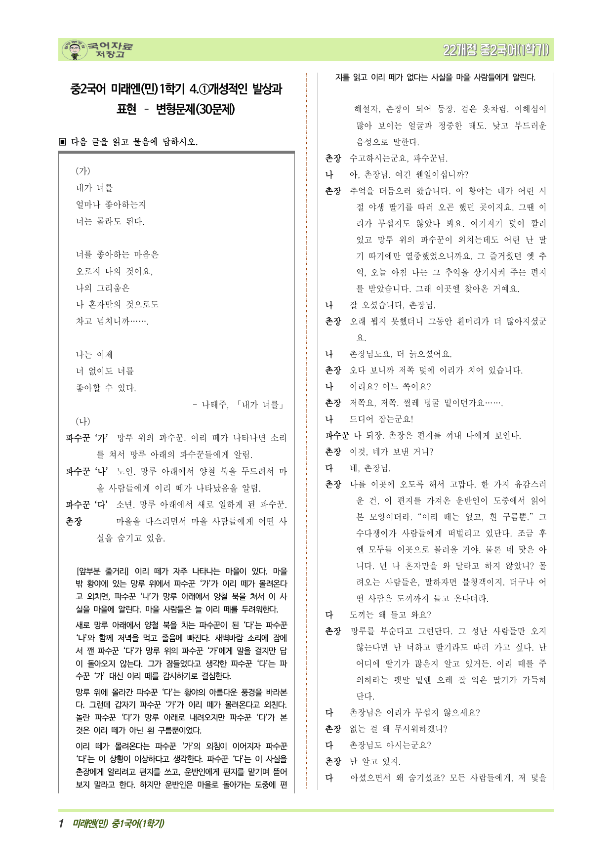 중2국어 미래엔(민)1학기 4.①개성적인 발상과 표현 – 변형문제_preview_undefined