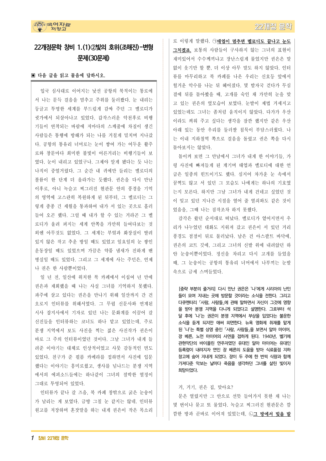 22개정문학 창비 1.(1)②빛의 호위(조해진)-변형 문제(30문제)_preview_undefined