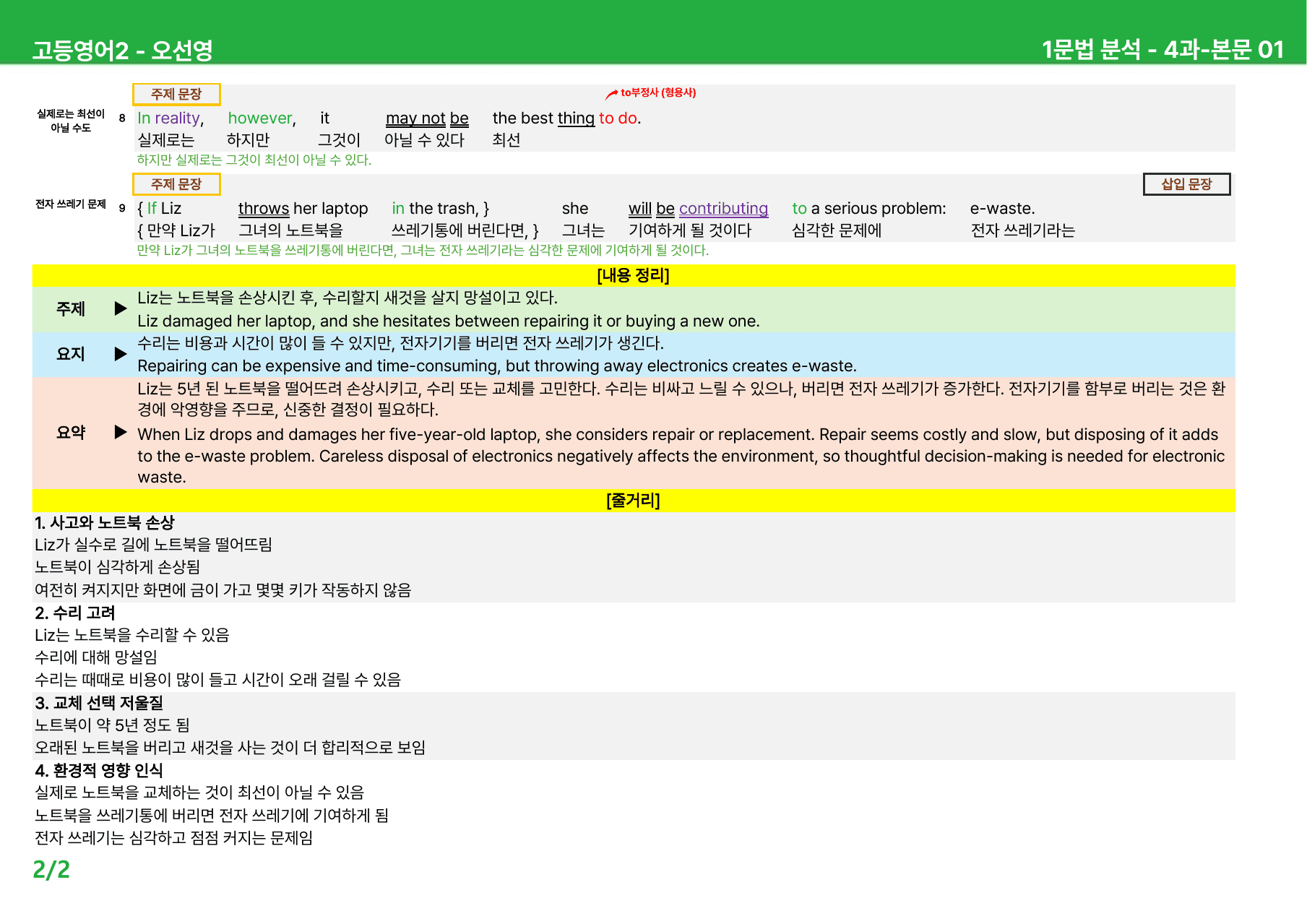 고등영어2 오선영 4과 - 본문분석 R1_preview_undefined