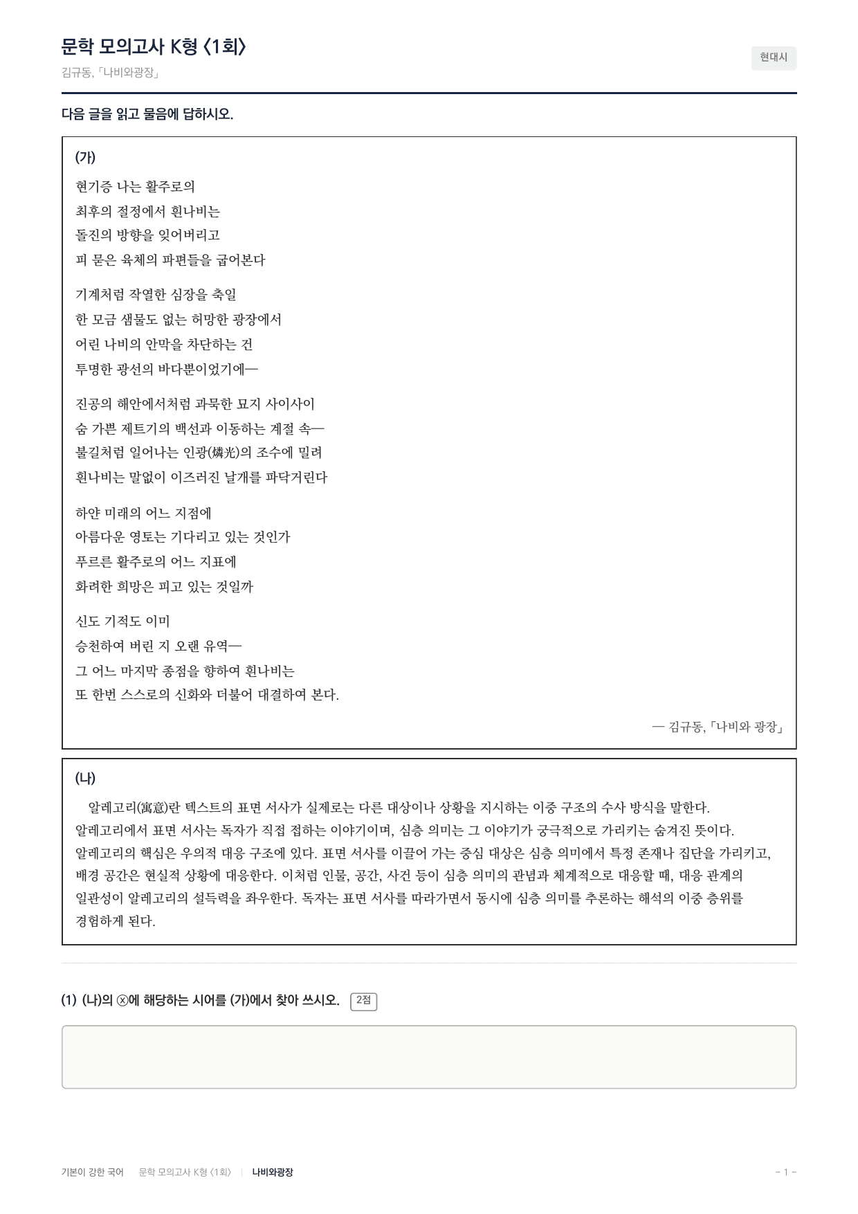 국민대 국어 약술형 대비 문학 현대시 나비와 광장 김규동_preview_undefined