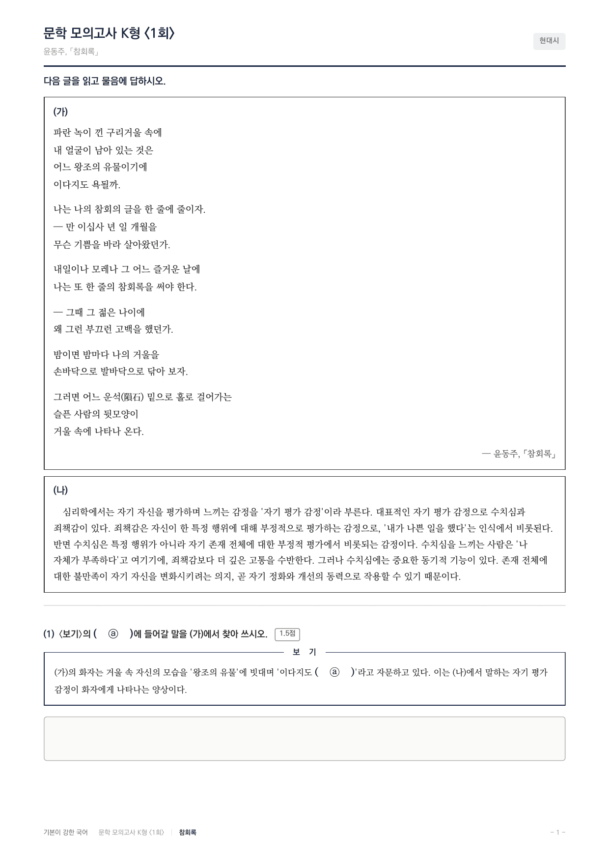 국민대 국어 약술형 대비 문학 현대시 참회록 윤동주_preview_undefined