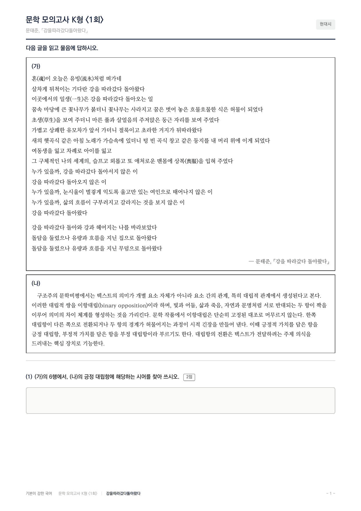 국민대 국어 약술형 대비 문학 현대시 강을따라갔다돌아왔다 문태준_preview_undefined
