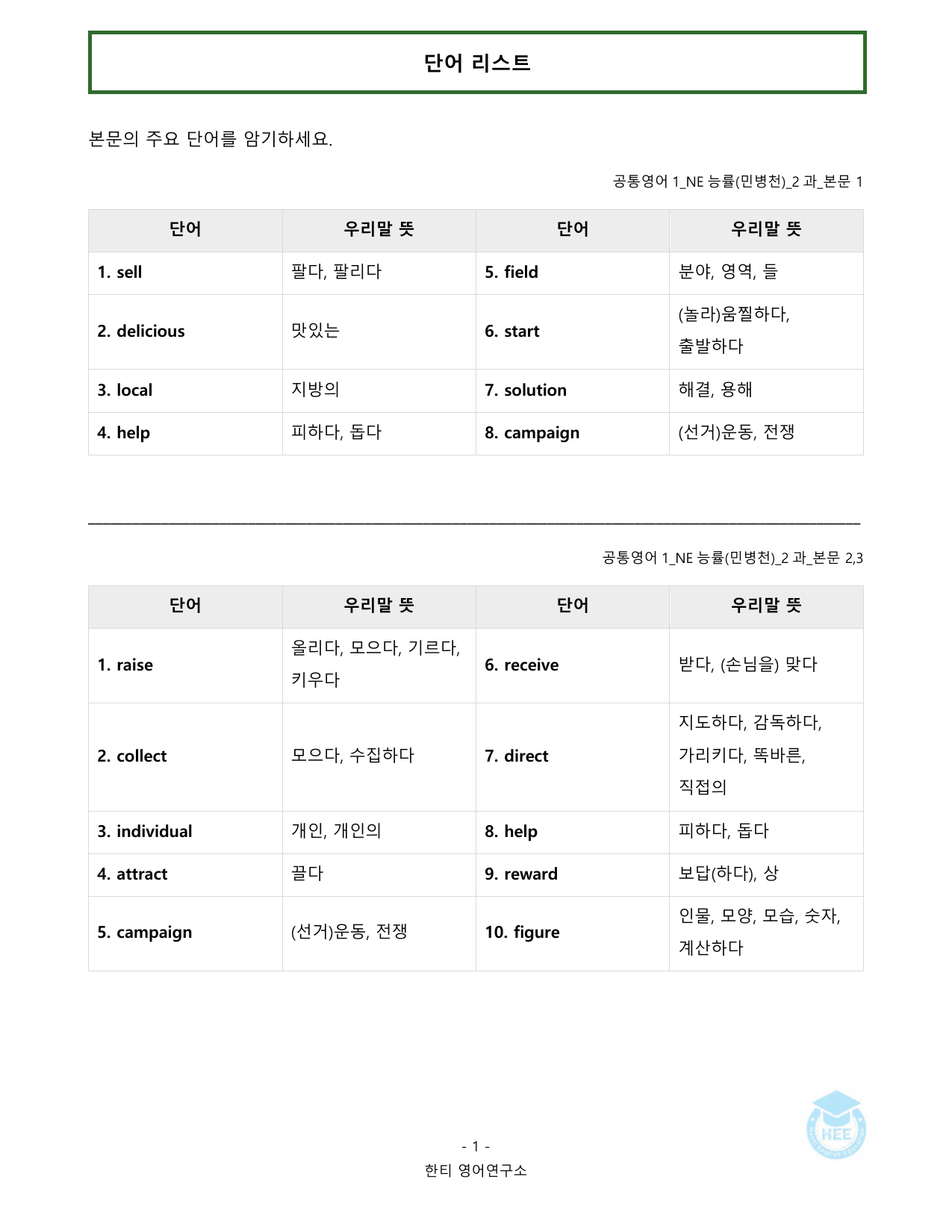 공통영어1_NE능률(민)_2과_20단계 워크북_한티영어연구소_preview_undefined