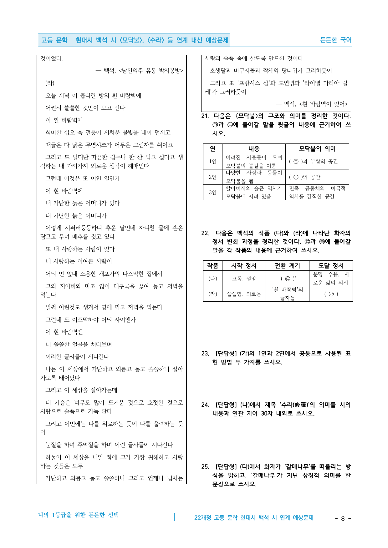 현대시 복합지문 백석 - 모닥불 수라 흰바람벽이 있어 내신 예상문제_preview_undefined