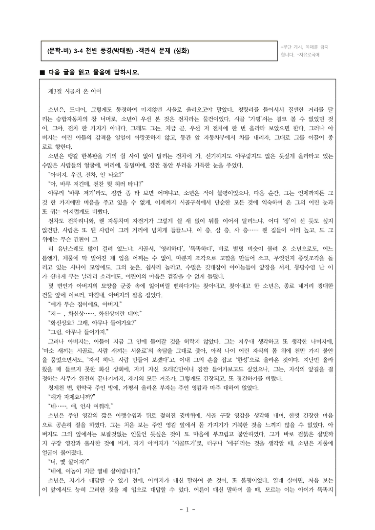 (문학-비) 3-4 천변 풍경(박태원) -객관식(심화) (40문제)_preview_1