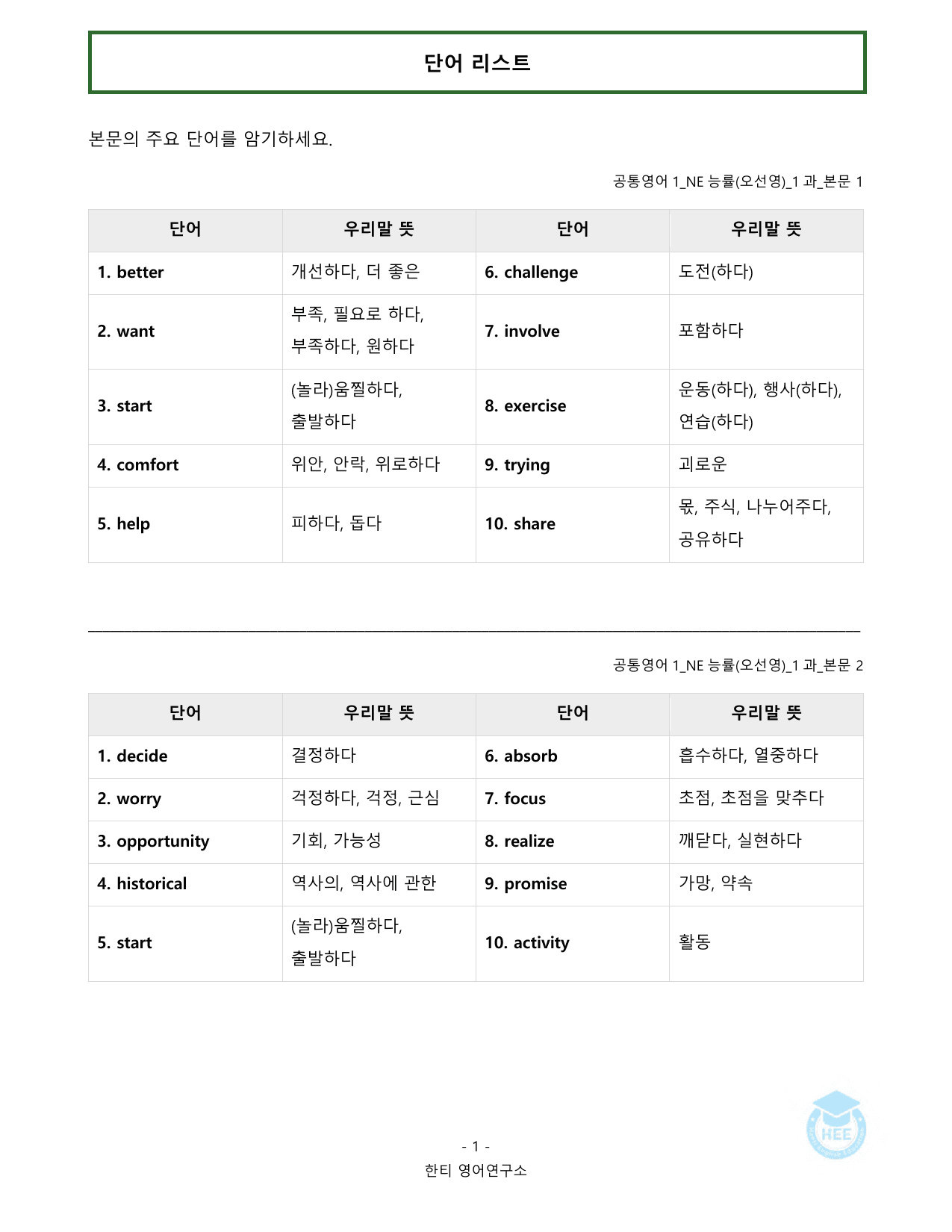 공통영어1_NE능률(오선영)_1과_20단계 워크북_한티영_preview_undefined
