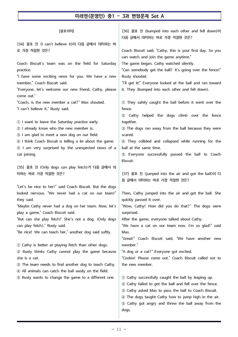 미래엔(문) 중1 3과 변형문제 Set AB 통합본 (220제) by 이쌤문제은행_preview_11