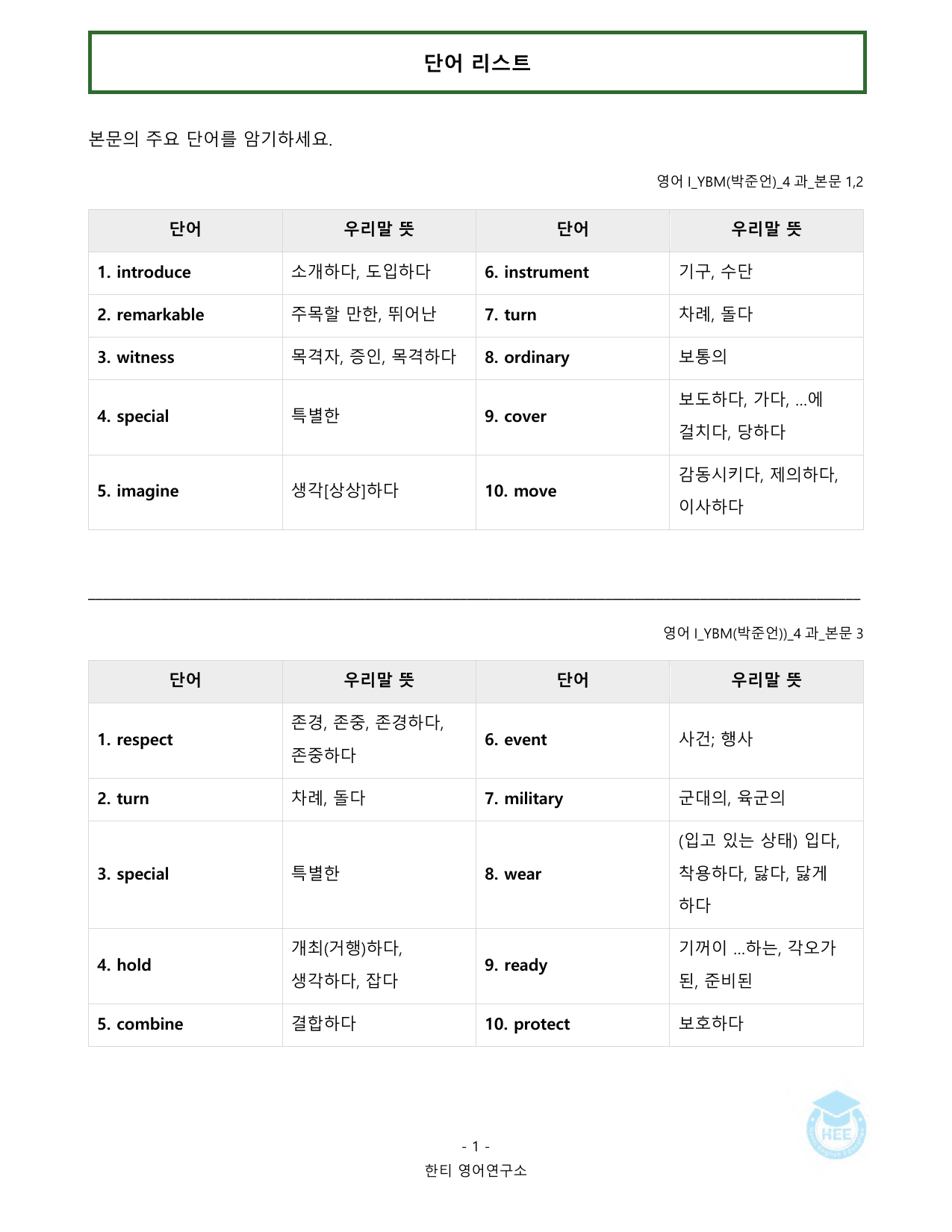 고등영어1_YBM(박준언)_4과_20단계 워크북_한티영어연구소 _preview_undefined