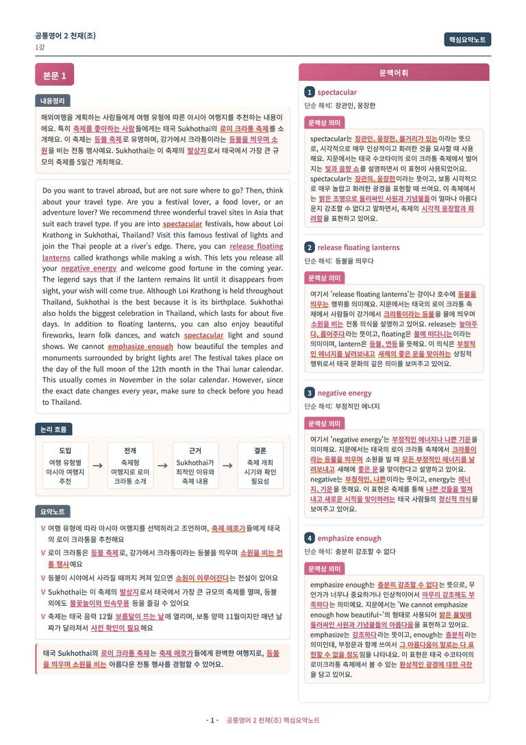 🩷 (공통영어2) 천재(조) 1과 핵심요약노트🩷 by 대치동시크릿_preview_1