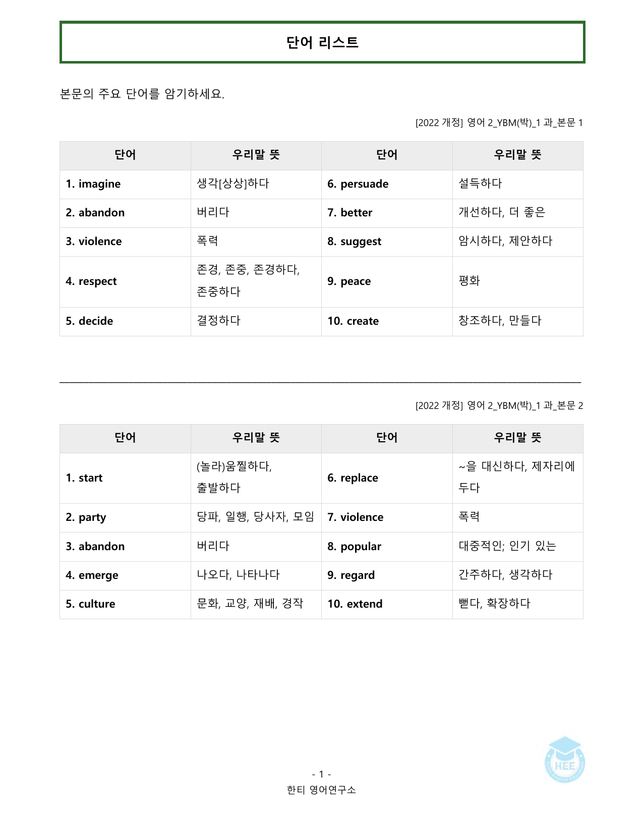 고등영어2_YBM(박준언)_1과_20단계워크북_한티영어연구소_preview_undefined