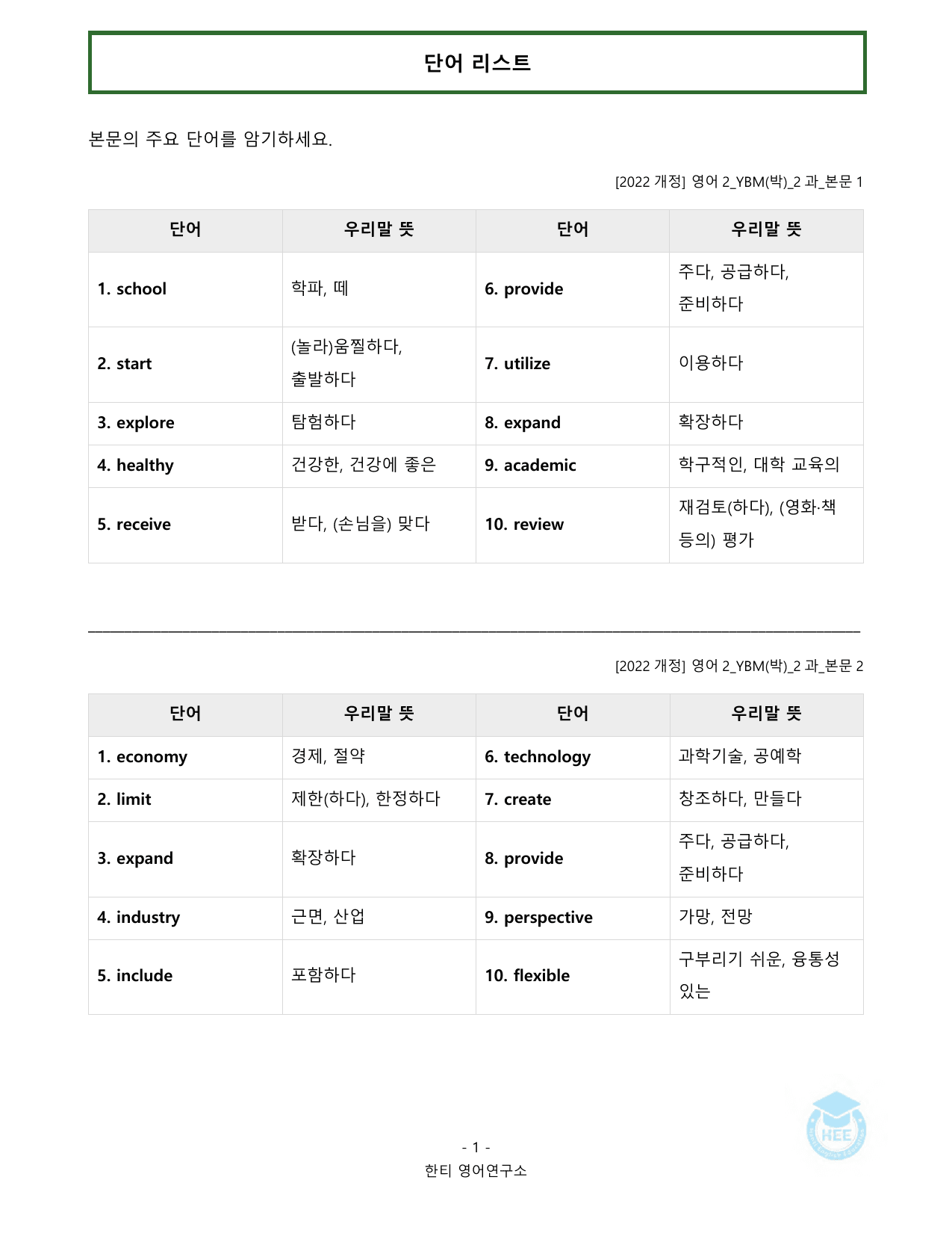 고등영어2_YBM(박준언)_2과_20단계워크북_한티영어연구소_preview_undefined