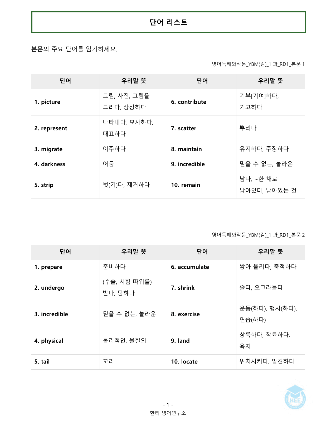 영어독해와작문_YBM(김은형)_1과_20단계워크북_한티영어연구소_preview_undefined