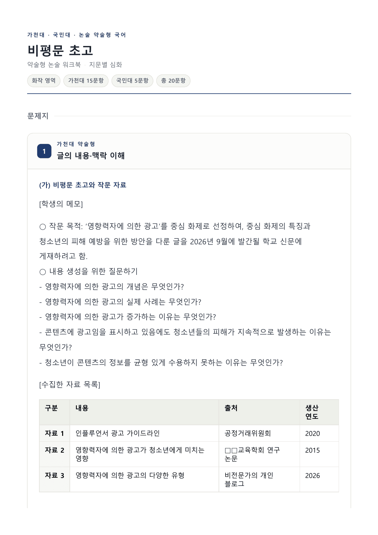2027 국민·가천 약술형 인문 수완 화작 워크북 비평문 초고_preview_undefined