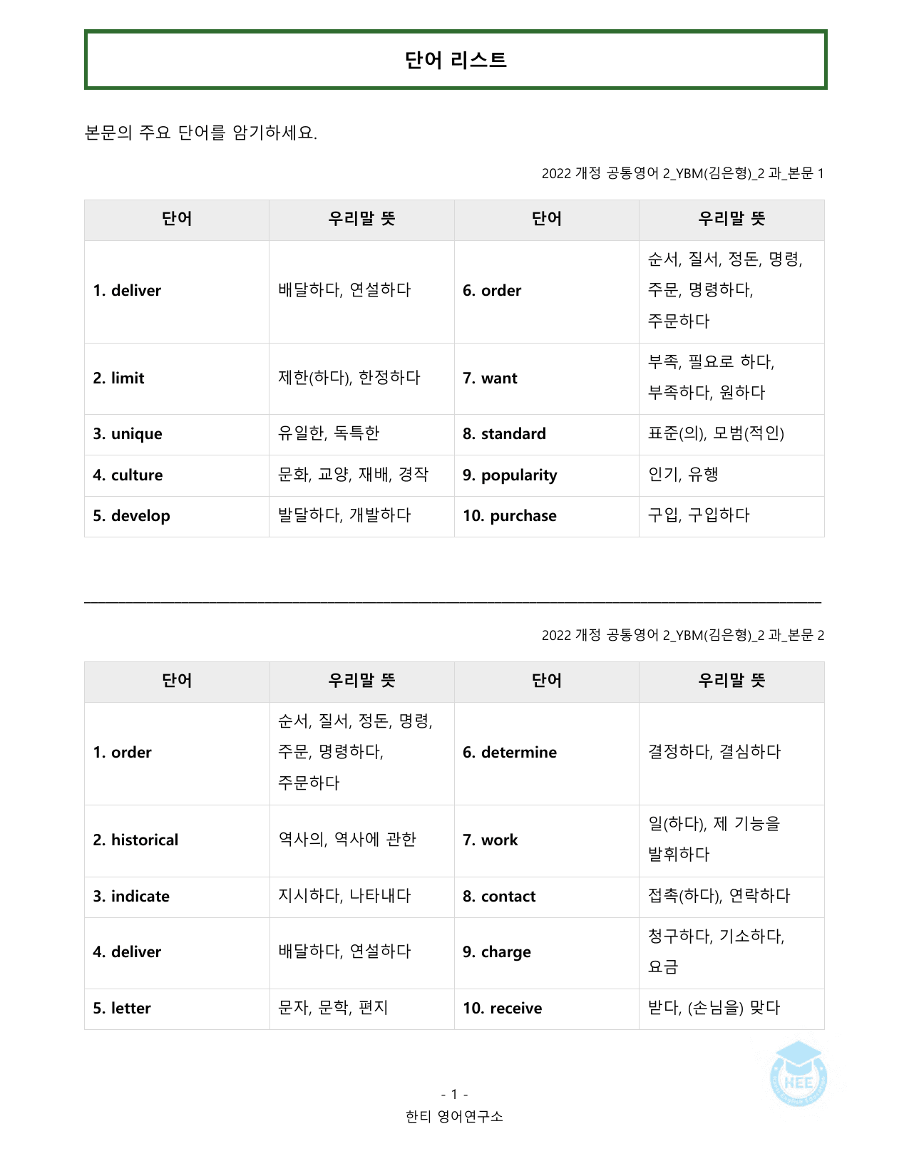 공통영어2_YBM(김은형)_2과_20단계 워크북_한티영어연구소_preview_undefined