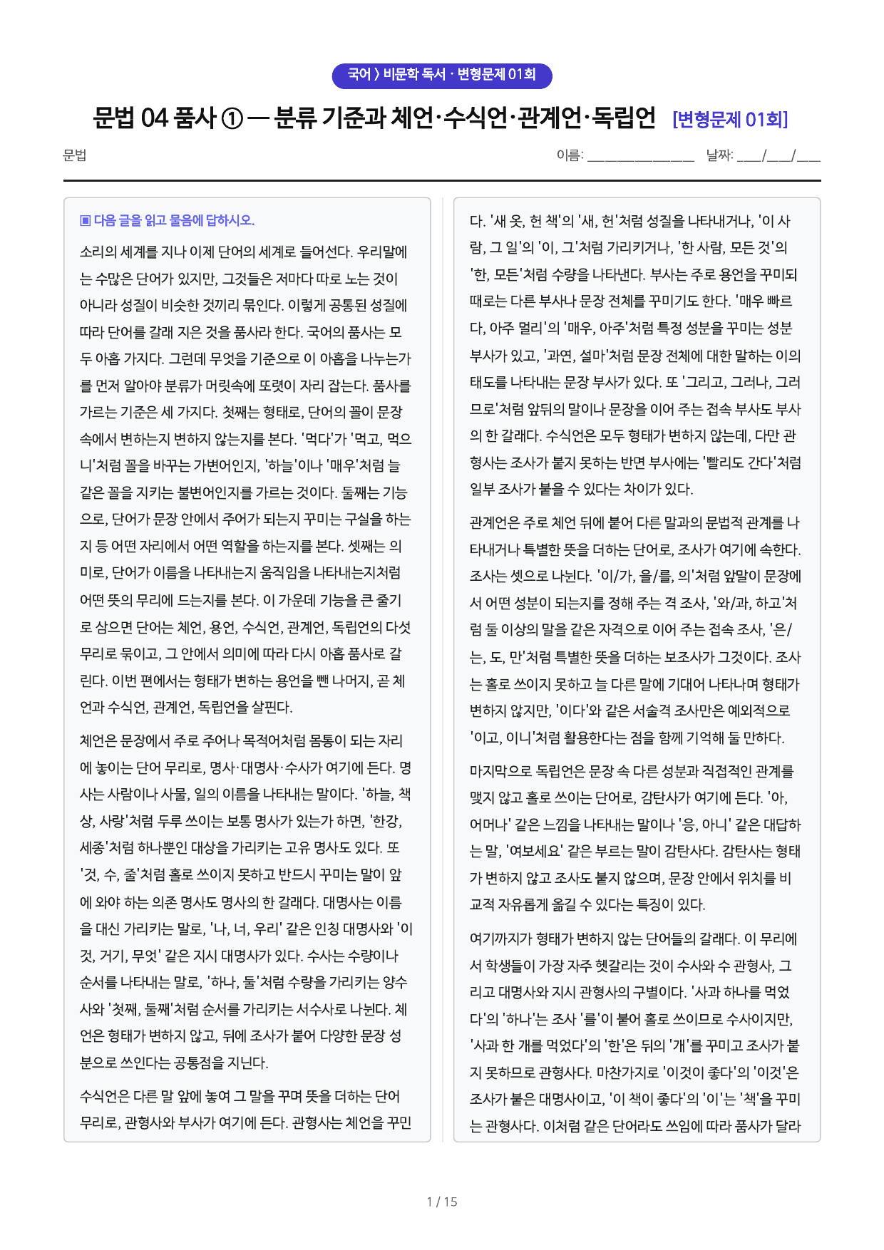 문법 04 품사 ① 체언·수식언·관계언 변형문제_preview_undefined