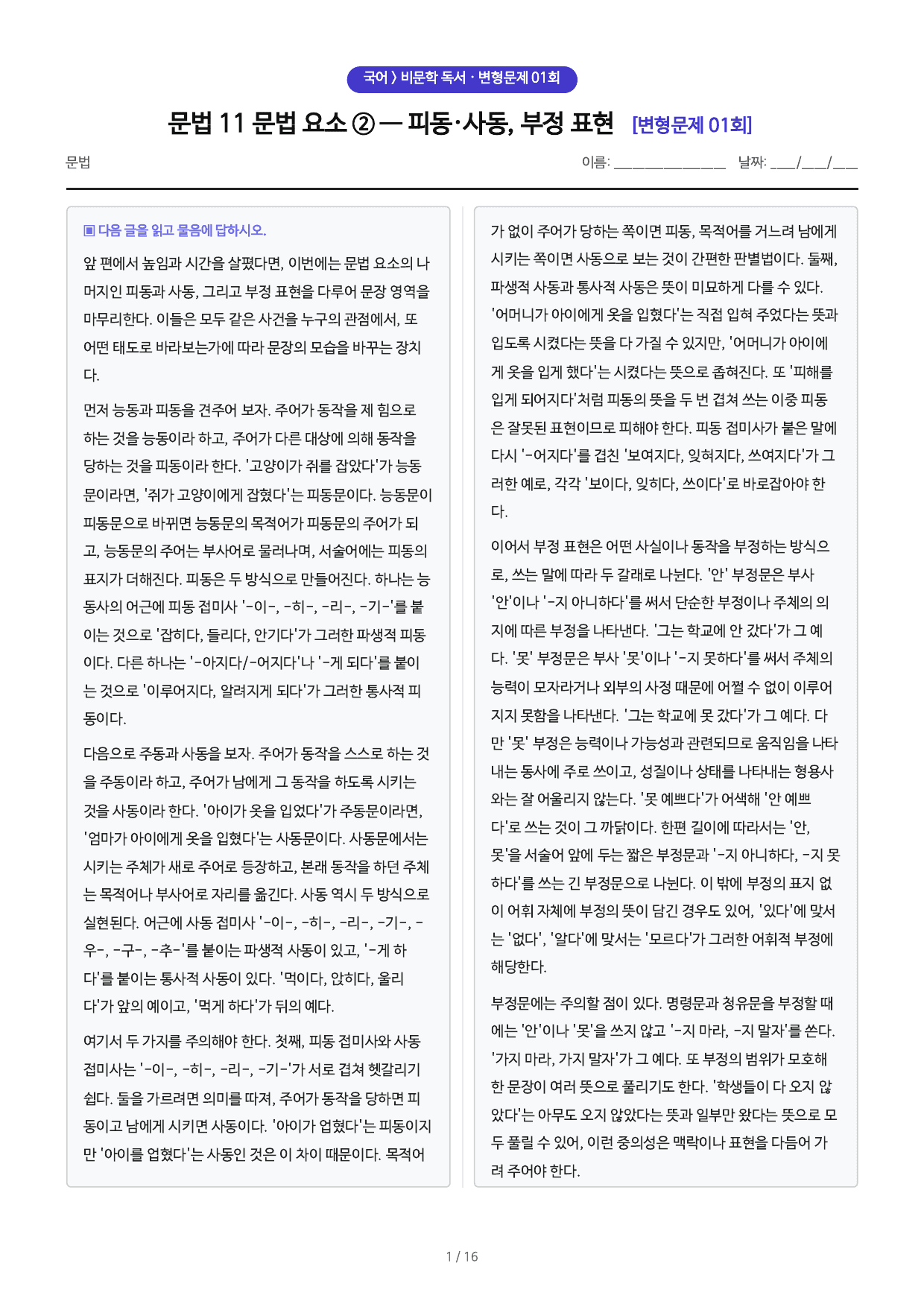 문법 11 문법요소 ② 피동·사동·부정 변형문제_preview_undefined
