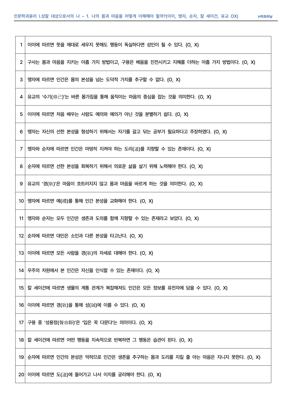 인문학과윤리1-1.성찰 대상으로서의나 나의몸과마음을어떻게이해해야할까 OX_preview_undefined